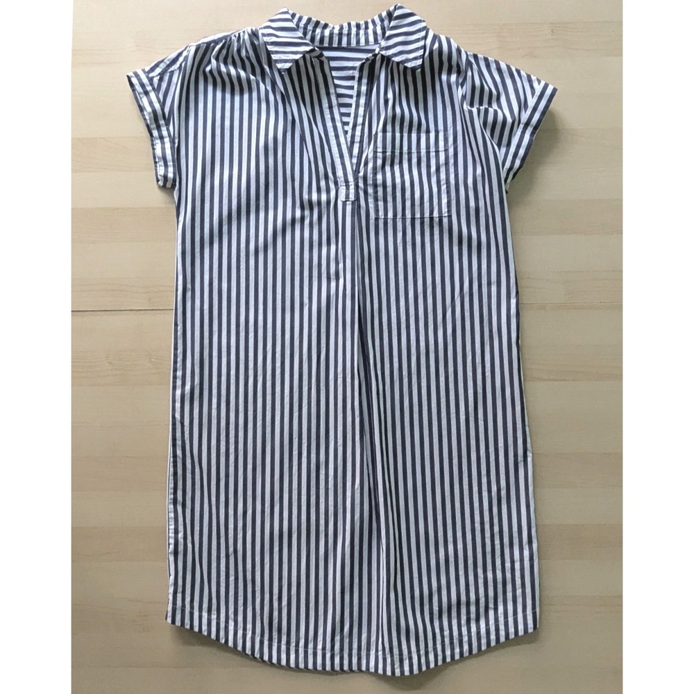 100% Cotton Nautical Resortwear White And Navy Stripe Shirt Dress Roll‎ Sleeves